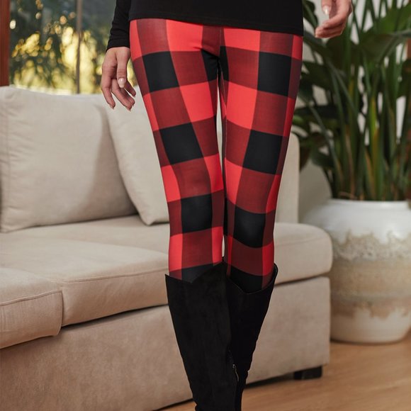 Black Red Buffalo Check Plaid Leggings - Picture 7 of 11